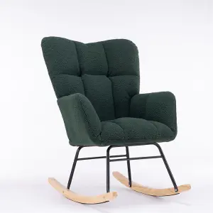 Mid Century Modern Teddy Fabric Tufted Upholstered Rocking Chair Padded Seat For Living Room Bedroom,Dark Green 