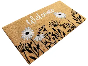 A.Unique Home 15mm Natural Coir Doormat with Printed Pattern 40cm x 80cm - Non-Slip PVC Backed - WELCOME B&W MAT