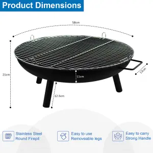 23 Inch Large Round Steel Fire Pit Garden Camping Burner & BBQ Grill