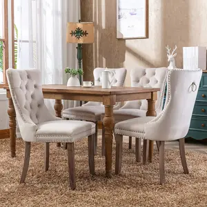 Set of 4 Lux Cream Velvet Kitchen Dining Chairs with Pull Knocker Ring Back Home Office Chairs Beige