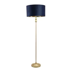 ValueLights Maggie Gold Candlestick Floor Lamp with Navy Blue Velvet with Gold Inner Lamp Shade and LED Bulb