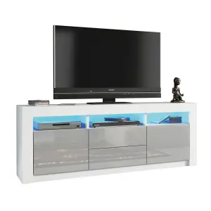 Shine TV Unit 160cm White & Grey with High Gloss Doors and LED Lighting - Creative Furniture