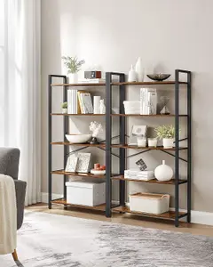 VASAGLE 5 Tier Shelf Bookcase, Storage Unit, with Steel Frame, for Any Spaces, Industrial, Rustic Brown and Black