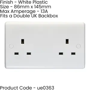 2 Gang Double 13A Unswitched UK Plug Socket - WHITE PLASTIC Wall Power Outlet