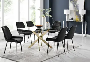 Furniturebox UK Leonardo 6 Gold Dining Table and 6 Black Pesaro Black Leg Chairs