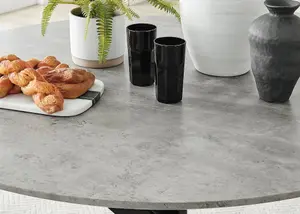 Furniturebox UK Novara Grey Concrete Effect Black Leg 120cm Round Dining Table & 6 Black Velvet Milan Chairs