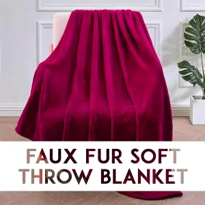 Faux Fur Mink Throw Luxury Super Soft Plain Bed Sofa Settee Throw Blanket- Large - Plum