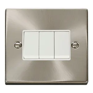 Satin / Brushed Chrome 10A 3 Gang 2 Way Light Switch - White Trim - SE Home