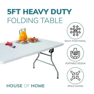 House of Home 5ft Folding Table Heavy Duty Indoor or Outdoor Foldable Collapsible Tables White Fold Up Picnic Camping