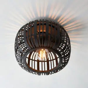 Luminosa Mathias Decorative Flush Ceiling Lamp, Dark Bamboo, Plywood With Matt Black Paint