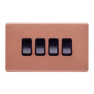 Brushed Copper Screwless Plate 10A 4 Gang 2 Way Light Switch - Black Trim - SE Home