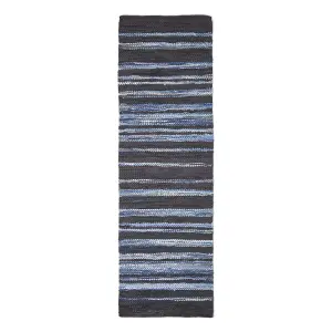 Homescapes Texas Leather & Denim Woven Striped Blue Rug, 66 x 200 cm