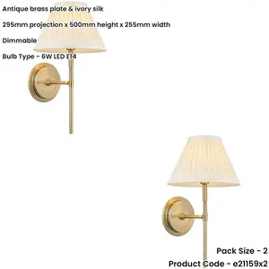 2 PACK Indoor Antique Brass Plate Wall Light - Ivory Silk Shade - Dimmable 6W LED E14