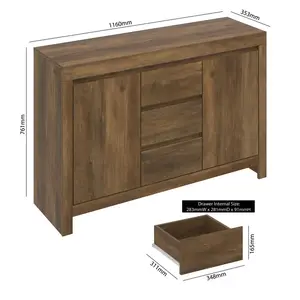 Ellani Cubbot 116Cm Wide 2 Door 3 Drawer Sideboard Knotty Oak