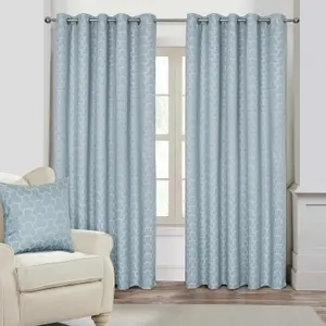 Homescapes Blue Geometric Jacquard Blackout Eyelet Curtain Pair, 90 x 90"