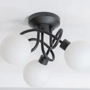 ValueLights Velika Black 3 Way Flush Ceiling Light with White Frosted Glass Lampshades - LED Bulbs Included