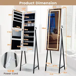 Costway LED Standing Jewelry Mirror Cabinet Lockable Jewelry Armoire w/ 3-Color Lighted Mirror