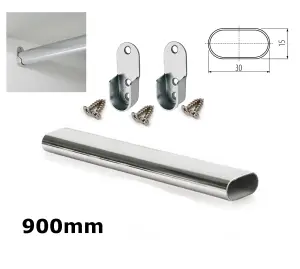 Wardrobe Rail Oval Chrome Hanging Rail Free End Supports & Screws - Length 900mm