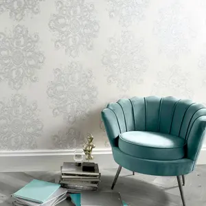 Galerie Elle Decoration Cream Light Silver Baroque Damask Embossed Wallpaper