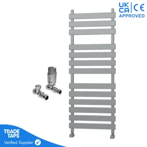 Designer Marvella Chrome Flat Panel Towel Radiator Heated Ladder Rail - 1300 x 500mm - Straight TRV Valve Pair