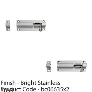 2 PACK - Straight Barrel Surface Mounted Sliding Door Bolt Lock 200mm x 38mm Bright Steel