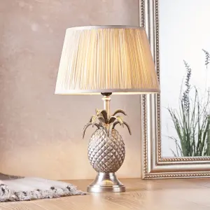 Table Lamp Pewter Plate & Oyster Silk 60W E27 Bedside Light Base & Shade