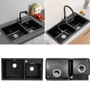 Undermount Double Bowl Quartz Kitchen Sink Black 860x460mm