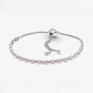 Pandora Pink & Clear Sparkle Slider Bracelet - Silicone / Sterling Silver / Mixed Stone / Pink - Sz. 25 cm