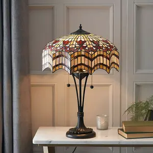 Tiffany Glass Table Lamp Light Dark Bronze & Multi Colour Scalloped Shade i00232