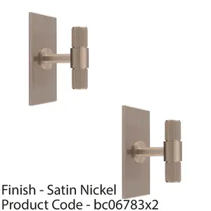 2 PACK - Reeded T Bar Cabinet Door Knob & Matching Backplate Lined Satin Nickel 76 x 40mm