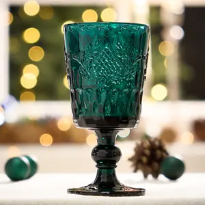 Set of 2 Luxury Embossed Dark Green Drinking Wine Glass Wine Goblets 290ml