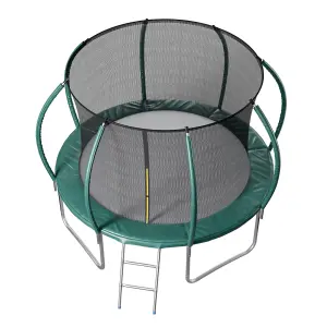 14ft Outdoor Round Trampoline with Safety Net Enclosure and Ladder, Dark Green