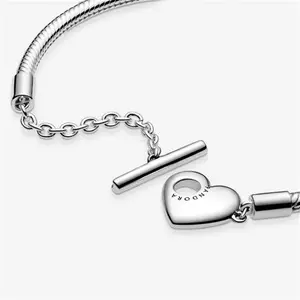 Pandora Moments Heart T-Bar Snake Chain Bracelet - Sterling Silver - Sz. 20 cm