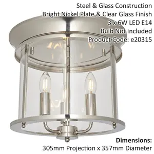 Bright Nickel Semi Flush Low Ceiling Light & Clear Glass Shade 3 Bulb Fitting