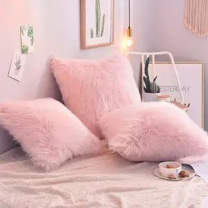 Pink Super Soft Fluffy Faux Fur Shaggy Pillow Cases Cute Decorative Throw Pillow with Zipper Closure 45cm x 45cm