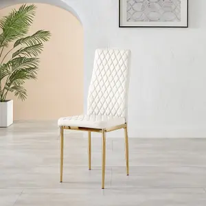 Set of 6 Milan White High Back Soft Touch Diamond Pattern Faux Leather Golden Chrome Metal Leg Dining Chairs