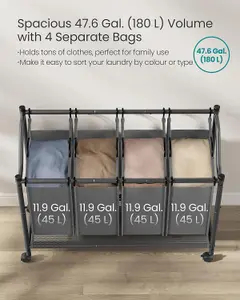 SONGMICS Laundry Basket Trolley, Rolling Hamper with 4 Removable Bags, Laundry Sorter, Slate Grey