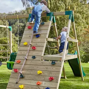 Rebo Wooden Climbing Frame with Swings, 6+8FT Slides & Climbing Wall - Alverstone Pink