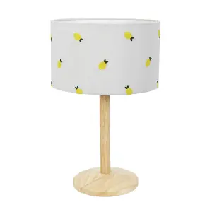 ValueLights Triston Natural Light Wood Stem Table Lamp with Lemon Embroidered Lamp Shade and LED Bulb