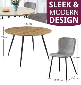 Hallowood Furniture Cullompton Large Round Dining Table with Light Oak Effect Top (120cm) with 4 Grey Leather Effect Chairs