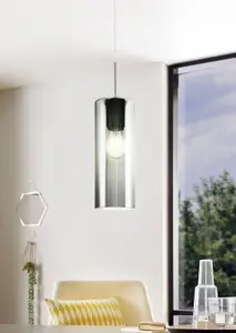 Pendant Ceiling Light Satin Nickel Shade Black Transparent Glass Vaporized E27 1x15W