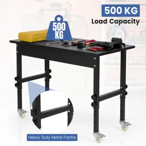 Costway 120cm Adjustable Workbench Heavy-duty Workstation W/ Bamboo Top & Lockable Casters