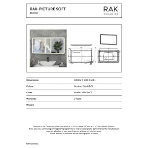 RAK Picture Soft 600x1000mm Brushed Gold Square with Touch Sensor Illuminated Mirror IP44