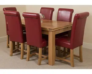 Richmond 140cm - 220cm Oak Extending Dining Table and 6 Chairs Dining Set with Washington Burgundy Leather Chairs