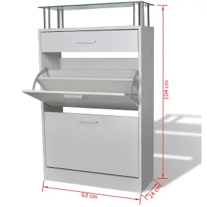 Shoe Cabinet with a Drawer and a Top Glass Shelf Wood White