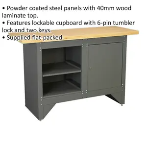 Durable Heavy Duty Steel Workbench with Lockable Cupboard and Shelf for Garage and Workshop