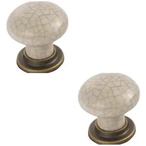 2 PACK - Porcelain Mushroom Cupboard Door Knob 36mm Dia - Florentine Bronze & Ivory Glaze