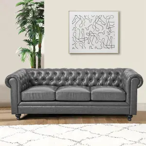 Hertford Chesterfield Faux Leather 3 Seater Sofa In Vintage Grey