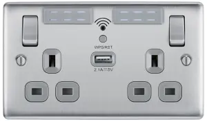 BG Brushed Steel 13A Raised slim Double WiFi extender socket with USB