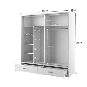 Lux V - White Sliding Door Mirrored Wardrobe with Shelves And Drawers (H2150mm W2000mm D600mm)